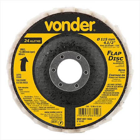 Flap-disc disco de acabamento 4.1/2" 115 mm reto feltro pesado 40 aletas Vonder