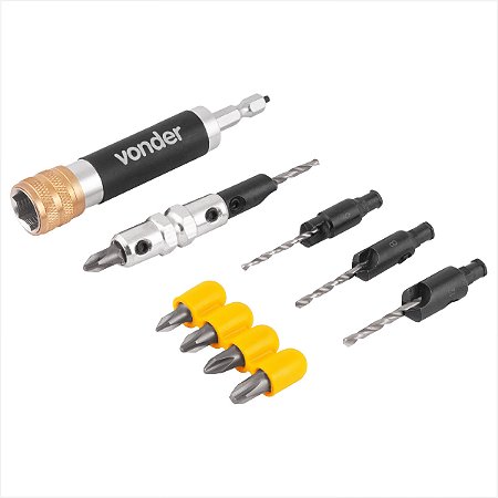 Kit de bits ponteiras e brocas escareadoras 11 peças encaixe de 1/4" - Vonder