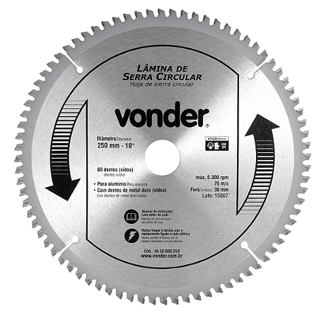 Disco lâmina serra circular com vídea p/ alumínio 10" 80 dentes Vonder