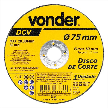 Disco de corte 75 mm x 1,4 mm x 10 mm DCV - Vonder