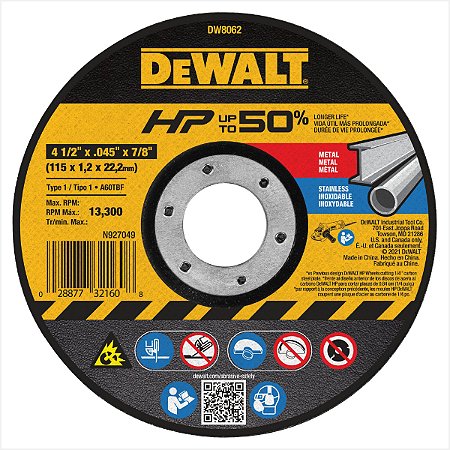 Disco de corte 115 x 1 x 22,23 mm para metal e inox DW8062 - DeWalt