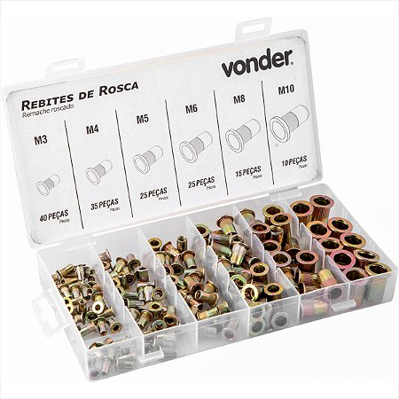 Kit de rebites de rosca M3 a M10 com 150 peças - Vonder
