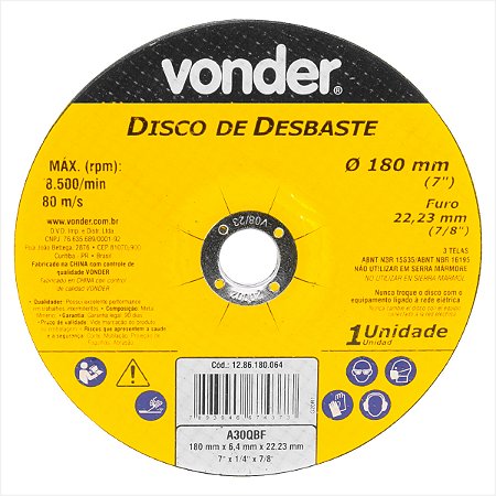 Disco de desbaste 180,0 mm x 6,4 mm x 22,23 mm DBV - Vonder
