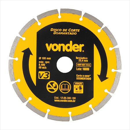 Disco de corte diamantado 180 mm segmentado V3 - Vonder
