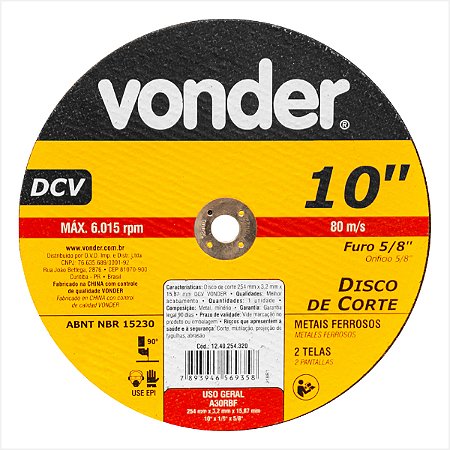 Disco de corte 254 mm x 3,2 mm x 15,87 mm DCV - Vonder
