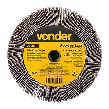 Roda de lixa 115 mm x 20 mm rosca M14 grão 40 - Vonder