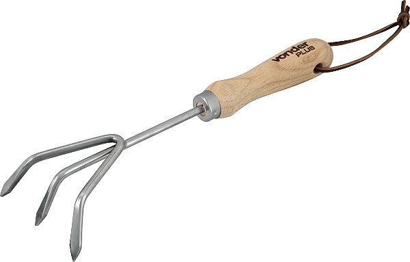 Ancinho para jardim em aço inox com 3 dentes cabo em madeira - Vonder Plus