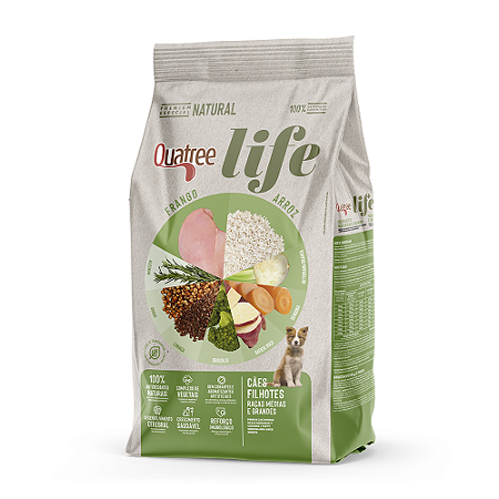 Ração Seca Quatree Life Frango e Arroz Cães Filhotes Raças Médias e Grandes