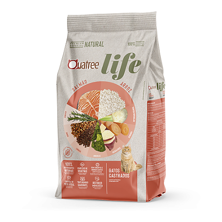Ração Seca Quatree Life Salmão e Arroz Gatos Castrados