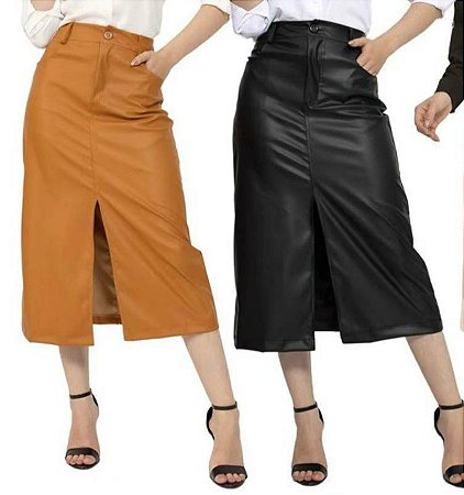 Saia Midi Couro (courino)