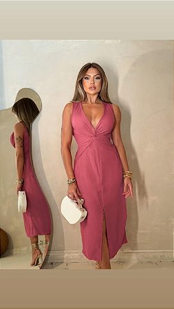 Vestido Midi Com fenda e decote V