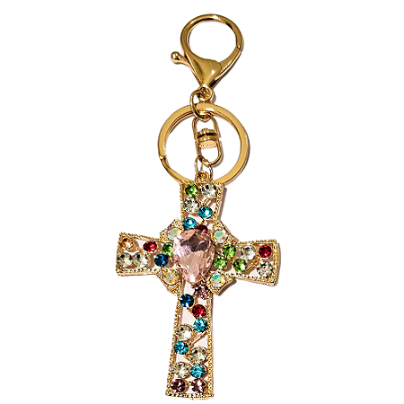 Chaveiro Crucifixo Dourado com Strass Colorido e Mosquete