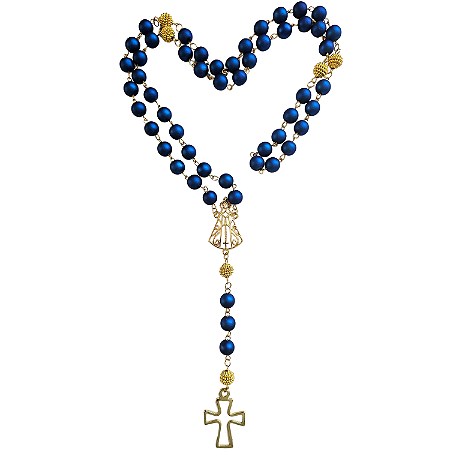 Terço de Aparecida Azul com Cruz e Entremeio Dourado Vazado