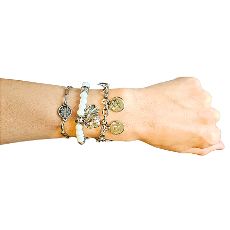 Kit Pulseiras Femininas Amor de Maria com 10 Mandamentos e São Bento