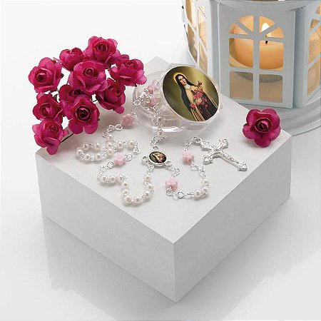 Terço de Santa Teresinha Perolado Branco (4mm) com Flor Rosa