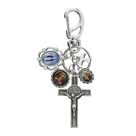 Chaveiro Proteção com Medalhas e Cruz São Bento Cor Prata Envelhecida: fé, proteção e devoção sempre com você