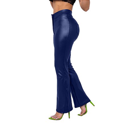 Calça Disco Hot Pants Flare Bailarina Em Cirré Couro Com Bolsos Zíper