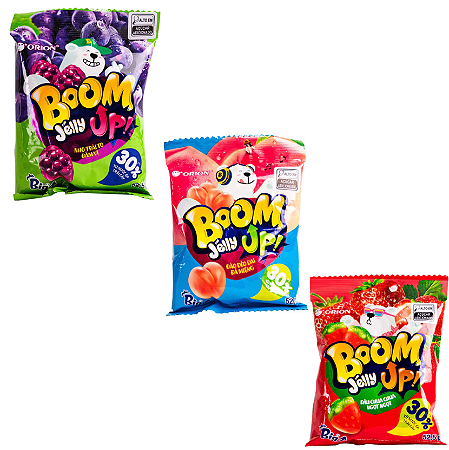 Bala Gelatina Gummy Orion Gel Boom Jelly Pessego, Uva e Morango KIT com 3 unidades