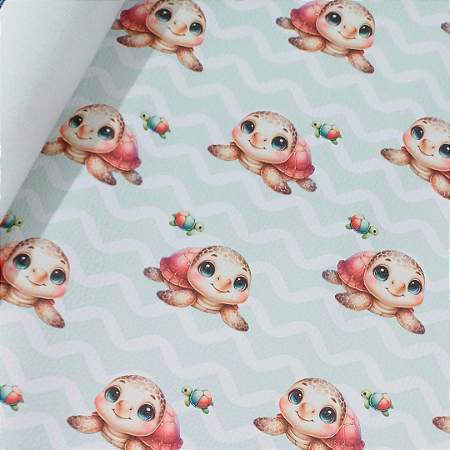 Sintético Dollaro - TARTARUGA CUTE (FUNDO ONDINHAS VERDE)