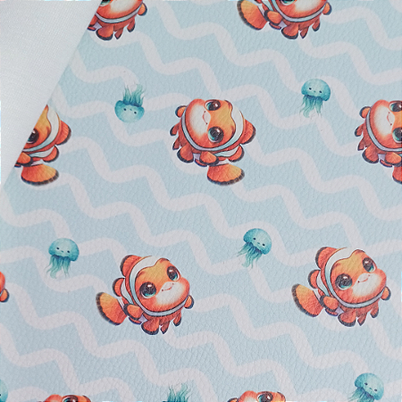 Sintético Dollaro - PEIXE PALHAÇO CUTE (FUNDO ONDINHAS AZUL CLARO)