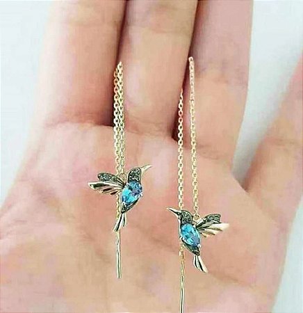 Brinco beija-flor banhado a ouro com zircônia azul