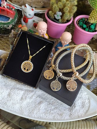Conjunto Colar e 3 Pulseiras Árvore da Vida banhada a ouro com Conjunto Colar e 3 Pulseiras Árvore da Vida banhada a ouro com zircônia