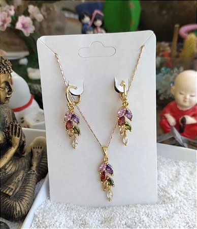Conjunto Banhado a Ouro com Zirconias coloridas