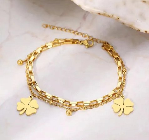 Pulseira aço inoxidável elos trevo da sorte