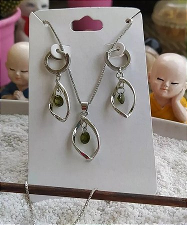 Conjunto Colar e Brinco banhado a prata 925 com zircônias verdes