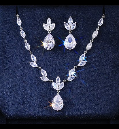 Conjunto colar e brincos banhado a ouro branco zirconia festa noiva