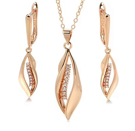 Conjunto banhado a ouro com zirconias pétala rose