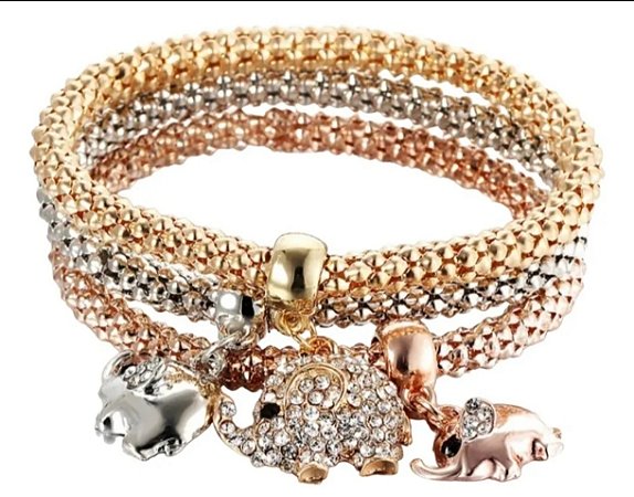 Trio de pulseiras banhadas a ouro com elefante da sorte