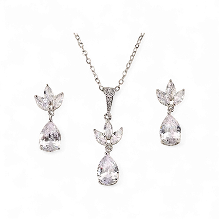 Conjunto colar e brincos banhado a ouro branco festa com zircônias