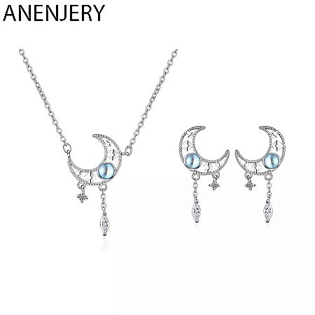 Conjunto de Prata 925 Lua e Estrela cristal Austríaco Azul