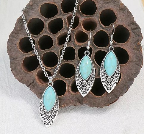 Conjunto Banhado a Prata Gota Turquesa