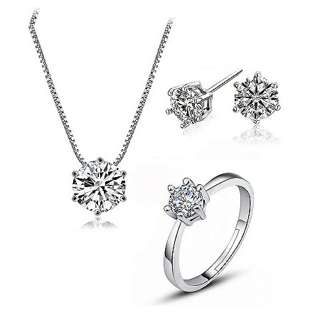 Conjunto banhado a Prata 925 solitário brincos, corrente e anel