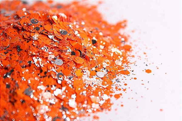 Glitter Hexágono com Folha de Prata Laranja - 7g