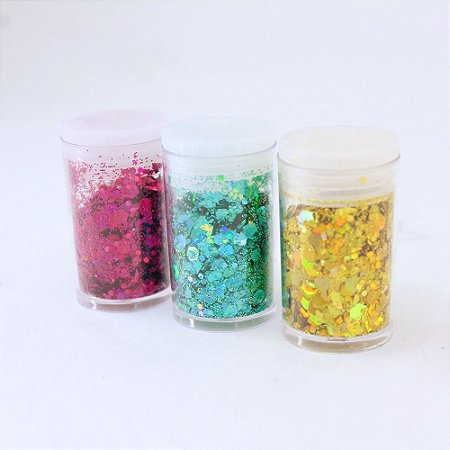 Trio de Glitters Holográficos - Turquesa/Rosa/Dourado