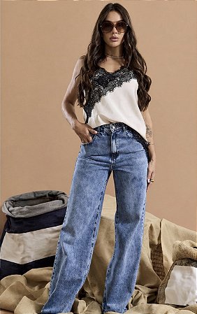 Calça wide leg cor jeans intermediário