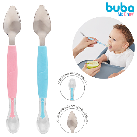 Colher para Bebê em Silicone 2 em 1 Colher Inoxidável Raspar Alimentos Introdução Alimentar Buba