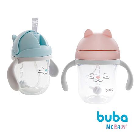 Copo Infantil Bebê Gatinho Anti-ingestão de Ar com Canudo em Silicone com Alça Buba