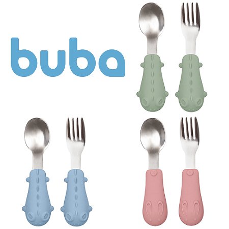 Kit Colher e Garfo para Bebê em Aço Inox Buba com Cabo em Silicone Introdução Alimentar