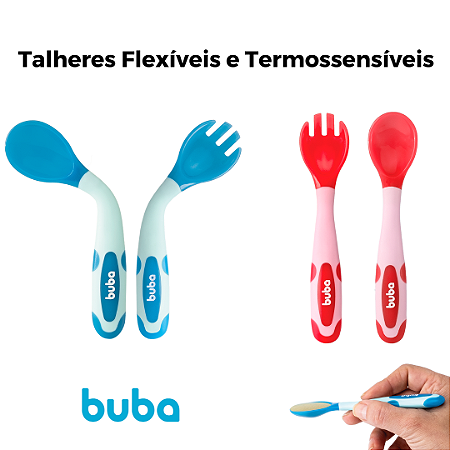 Kit Talher Colher e Garfo Termossensível Introdução Alimentar Bebê Buba