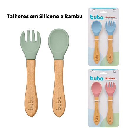 Kit de Talher em Silicone e Bambu com Garfo e Colher Buba