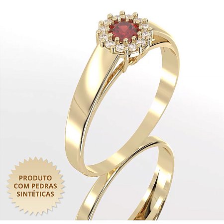 Anel Feminino Cravejado com Zircônia Vermelha e Zircônias Brancas