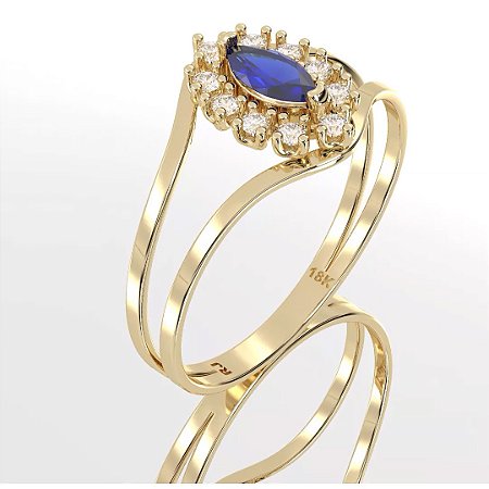 Anel de Formatura Feminino Cravejado com Safira e Brilhantes