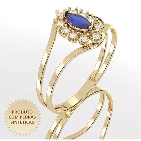 Anel de Formatura Feminino Cravejado com Zircônia Azul e Zircônias Brancas