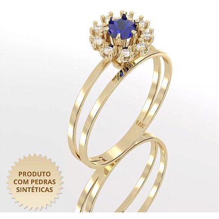 Anel de Formatura Gold Cravejado com Zircônia Azul e Zircônias Brancas