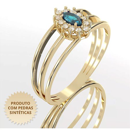 Anel Feminino Cravejado com Zircônia Verde e Zircônias Brancas