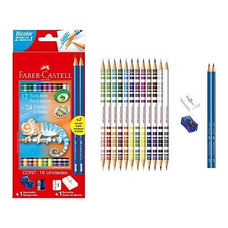 Lápis de Cor Bicolor 12 Cores + 2 Lápis + Borracha e Apontador Faber-Castell